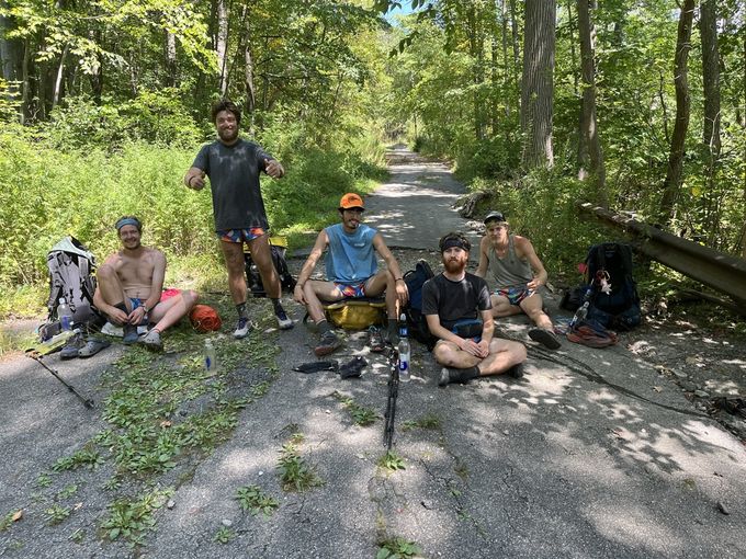Met this group of SOBO thru hikers at a hidden and vital water spot.  Most have been together from the beginning of their thru hike in Maine....they really seem to have bonded quite well to the point where while taking a zero in New York City, all decided to buy the same 'very colorful